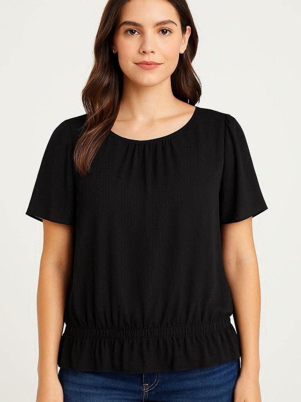 Ann Taylor Black Short Sleeve Peplum Hem Blouse